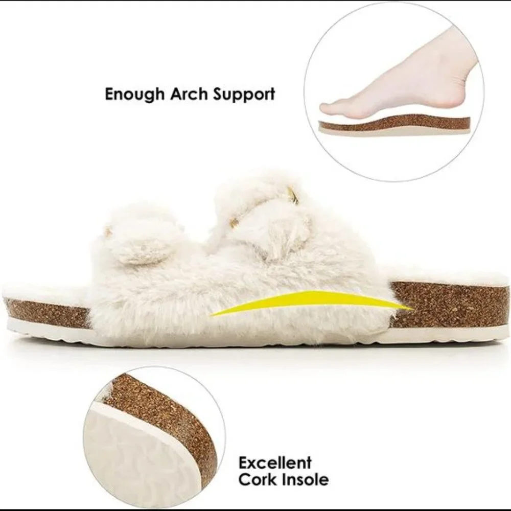 Womens Open Toe Slipper with Cozy Lining,Faux Rabbit Fur Cork Slide Sandals - Picture 5 of 5